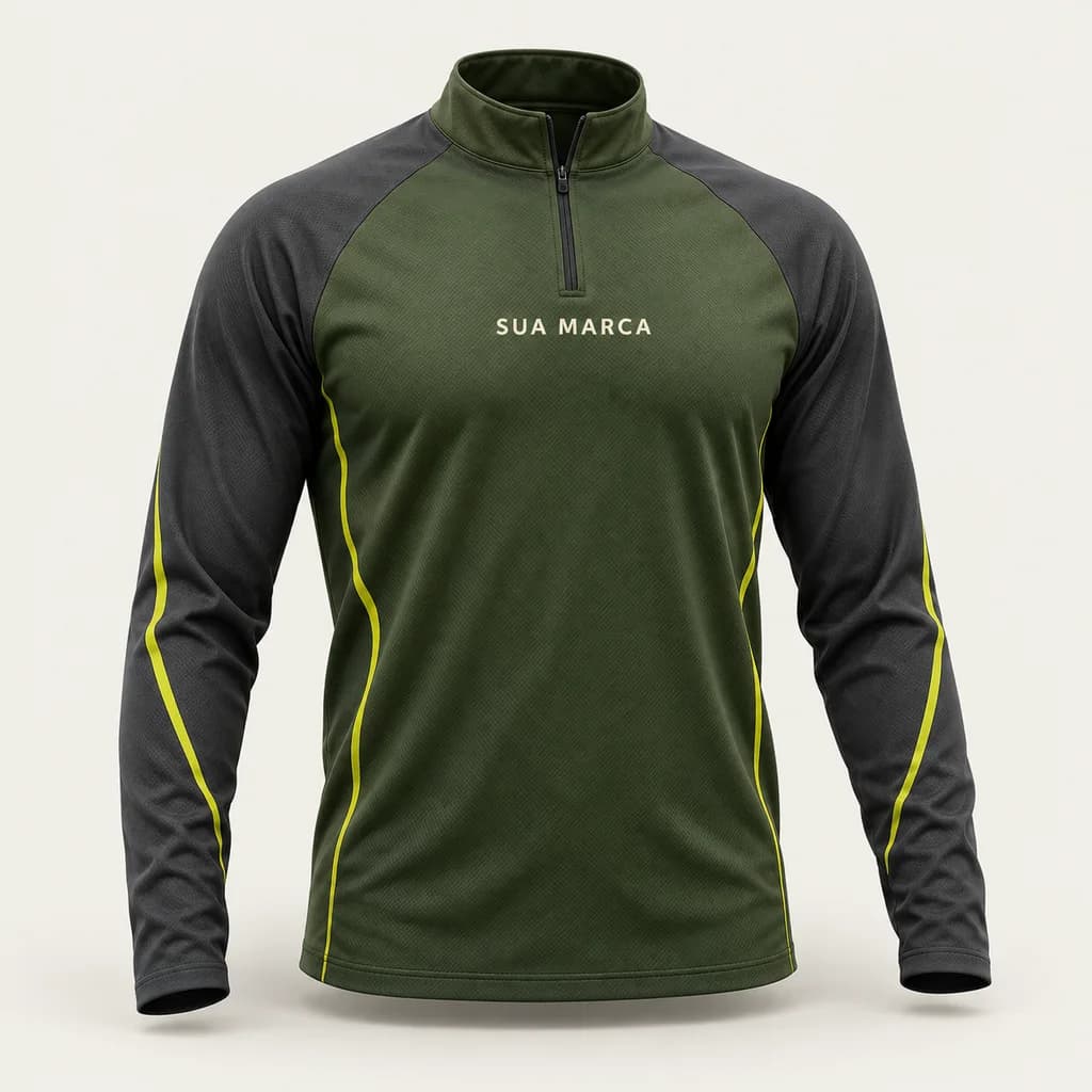 Mockup de camiseta manga longa verde e grafite com a inscrição Sua marca; simulação de personalização