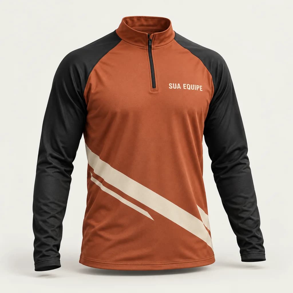 Mockup de camiseta manga longa terracota e preta para equipes; simulação de personalização